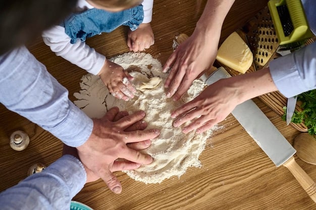 A family learning how to make traditional pasta during a cooking class in a small Italian-American neighborhood in the US. The setting is a cozy kitchen, with ingredients and cooking utensils spread out, and the family is smiling and engaged in the activity.