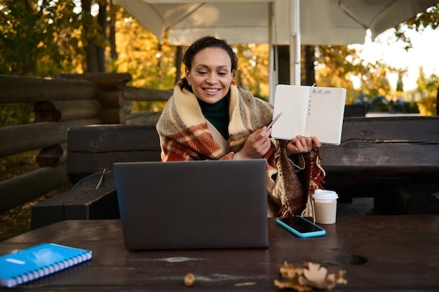 A traveler sitting at a cafe, surrounded by travel guides, maps, and a laptop. They are carefully examining the travel materials and making notes, showcasing the act of thorough travel research and planning.