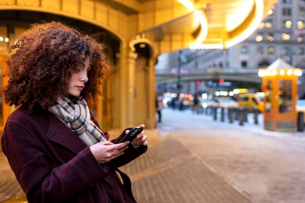 A US Millennial using a travel app on their smartphone to navigate a foreign city, with augmented reality features highlighting nearby points of interest and local restaurants.