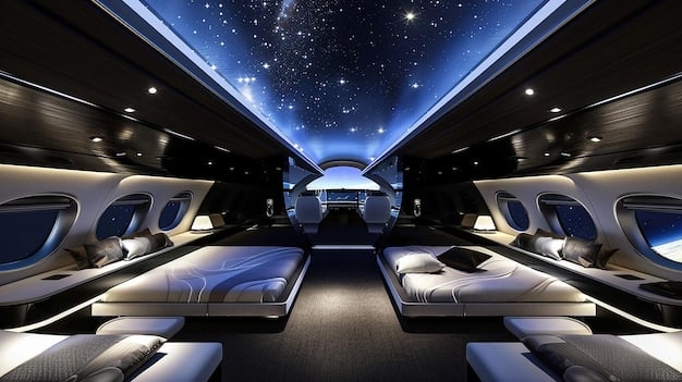 Interior view of a futuristic spacecraft cabin, showing passengers floating weightlessly and looking out large windows at the Earth below. The cabin is brightly lit and appears comfortable.