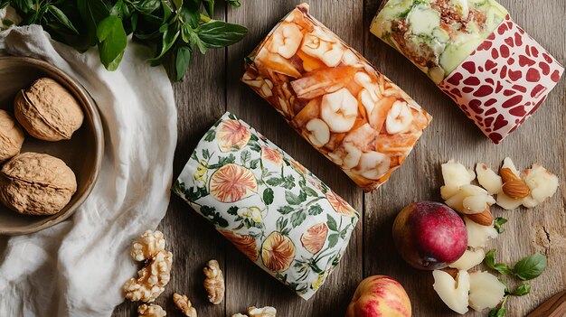 Close-up shot of beeswax food wraps with colorful designs, arranged on a wooden cutting board. The wraps are partially covering bowls of fresh fruits and vegetables, showcasing their functionality and eco-friendly appeal. Soft, natural lighting emphasizes the textures of the beeswax and fabric.