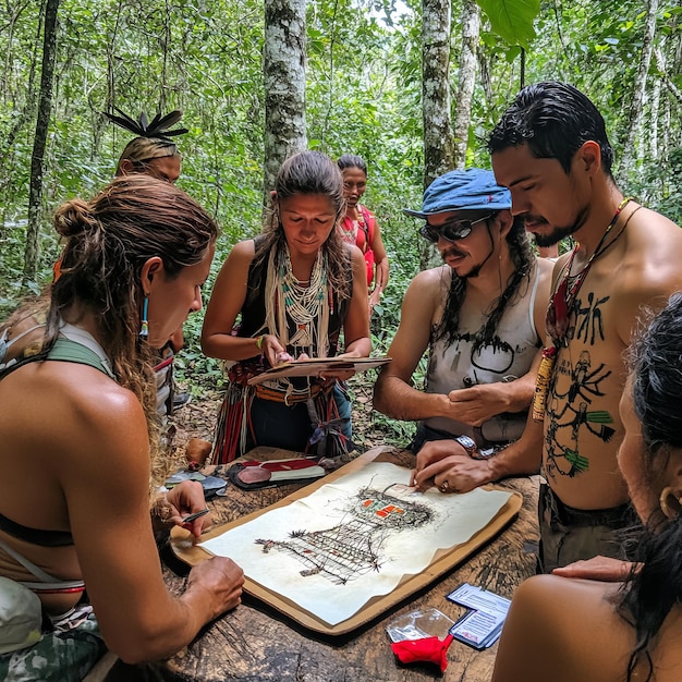 An Indigenous guide leading a group of tourists through a historical site, explaining the significance of the landmarks and sharing traditional stories. The tourists are engaged and respectful, listening intently to the guide's explanations. Showcasing cultural exchange and preserving Indigenous heritage.