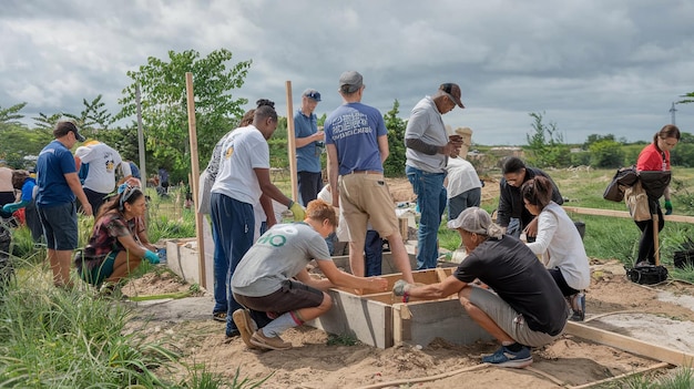 Volunteers building a house with Habitat for Humanity in rural Mississippi. The volunteers, consisting of people of different ages and backgrounds, are working alongside local residents and construction supervisors, illustrating collaboration and ethical community development. The house is partially constructed and set against a backdrop of green fields under a bright sky.