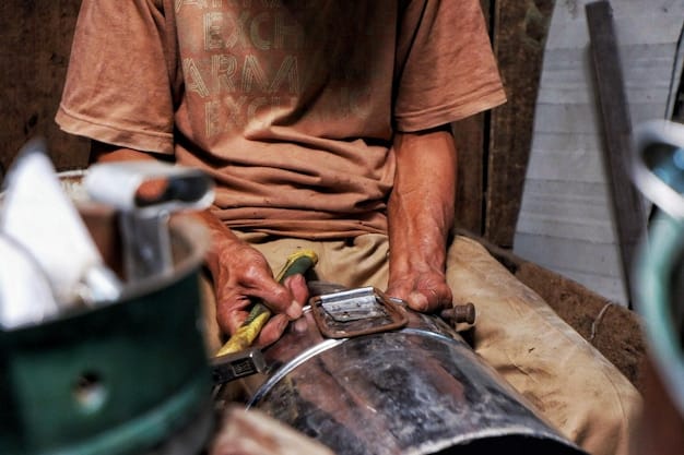 A close-up shot of a local artisan in the US working on a traditional craft. Their hands are skillfully crafting an item, and the background showcases their workshop with other handmade goods. The image emphasizes the value of supporting local artisans and their craft.