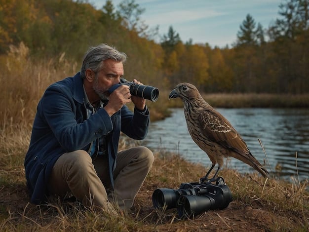 A serene photo showing a wildlife photographer using a long telephoto lens from a considerable distance to capture a herd of wild horses grazing peacefully in a vast, open field in Montana, ensuring minimal disturbance to their natural behavior.