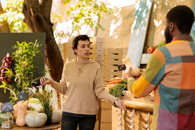 A vibrant outdoor market scene with local farmers selling fresh produce and artisanal goods. Shoppers are seen using reusable shopping bags.