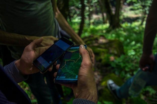 A traveler using a smartphone app to find eco-friendly hiking trails in a US national park, with information on trail conditions, wildlife sightings, and conservation tips.