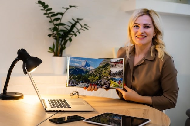 A travel influencer sitting at a desk with dual monitors. One screen displays a travel photo editing software, while the other shows a checklist itemized with disclosure requirements for sponsored content.