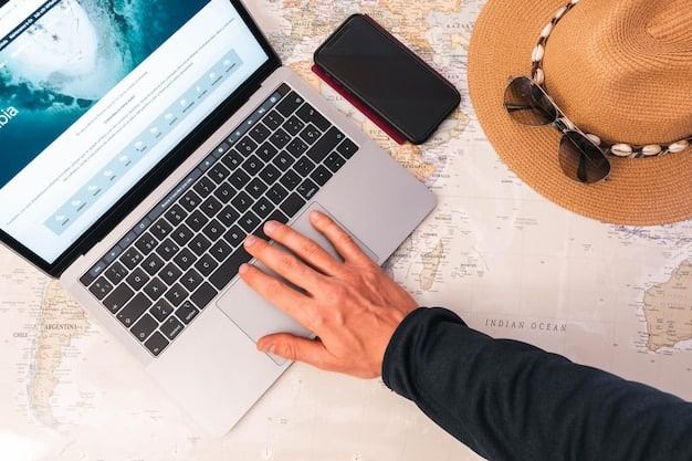 A close-up shot of a blogger's hands typing on a laptop amidst a scenic travel background, symbolizing the creation of compelling and engaging travel content.