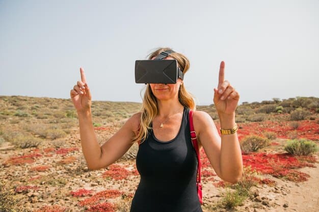 A travel influencer is using a VR headset to experience a virtual tour of the Galapagos Islands. The influencer is gesturing with excitement as they explore the virtual environment, with visible immersion and engagement.