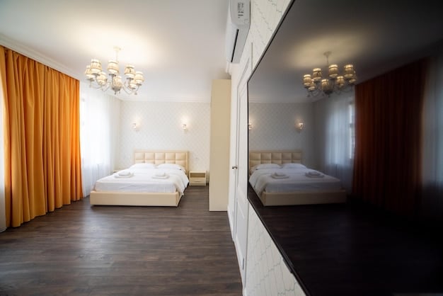 A split image contrasting two hotel rooms. On one side, a generic, modern hotel room with minimal decorations. On the other side, a uniquely themed boutique hotel room filled with local art and décor, showcasing the contrast between standardized and unique hotel offerings.