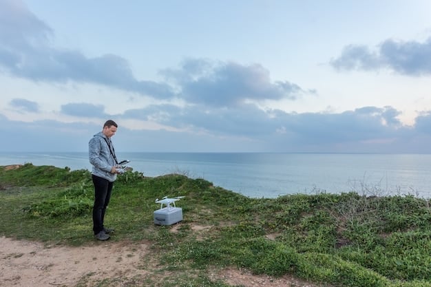 A journalist using a drone to capture aerial footage of a sustainable tourism project, showcasing the use of technology in responsible reporting. The scene conveys innovation and environmental awareness.
