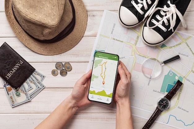 A close-up shot of a smartphone displaying an AI-powered travel app, showing personalized travel recommendations based on user preferences and historical data. The app interface includes interactive maps, local events, and curated itineraries.