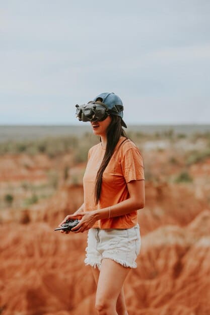 A travel blogger wearing AR glasses while exploring a historical site. The AR display shows historical annotations, 3D models of ancient structures, and interactive maps integrated into the real-world view.