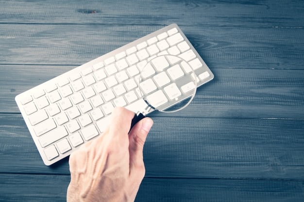 A person's hands typing on a laptop, with a magnifying glass hovering over the screen. The screen displays a news article with a questionable headline, conveying the act of scrutinizing information for accuracy.