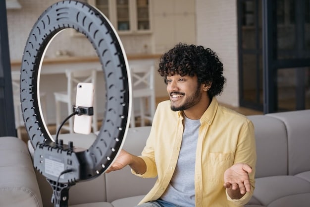 An influencer creating content in a professional studio setup, including lighting and high-quality camera equipment, alongside a whiteboard displaying different pricing models for sponsored content.
