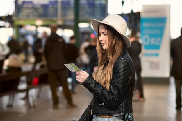 A traveler smiling as they check in at an airport counter, presenting an airline credit card to avoid baggage fees. The focus is on the credit card and the positive interaction.