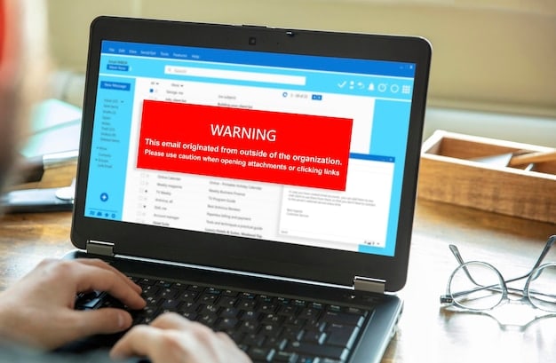 A close-up shot of a laptop screen displaying a fraudulent email with a misspelled company name and a request for immediate payment, highlighted with red circles to draw attention to the suspicious elements.