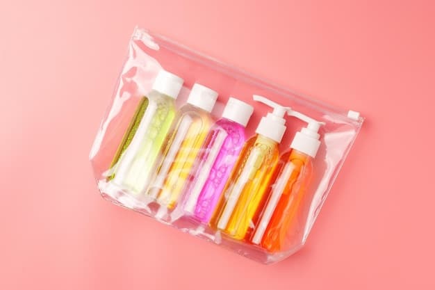A clear, quart-sized plastic bag filled with various travel-sized liquid containers (shampoo, conditioner, lotion) sitting on a table next to a carry-on suitcase. The focus is on the bag and its contents.