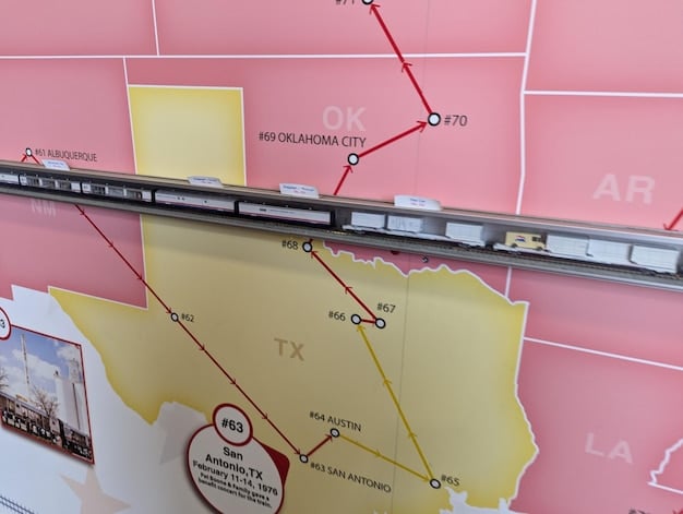 A detailed close-up of a road map highlighting a specific route through the American Southwest, with a compass and a set of car keys placed on top. The map shows various points of interest, including national parks, landmarks, and small towns.