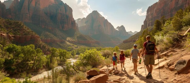 A family hiking on a well-maintained trail in Zion National Park, surrounded by towering red rock formations. The image conveys the importance of well-maintained trails in national parks.