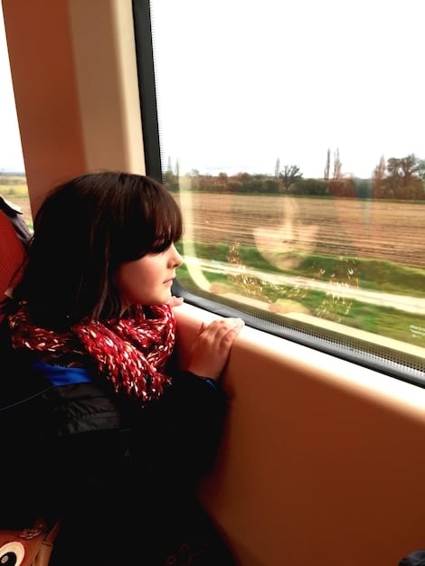 An image showing a family excitedly looking out the window of a moving train as it passes through scenic American landscapes, illustrating the joyful moments of travel and leisure, while hinting at the underlying costs such as taxes.