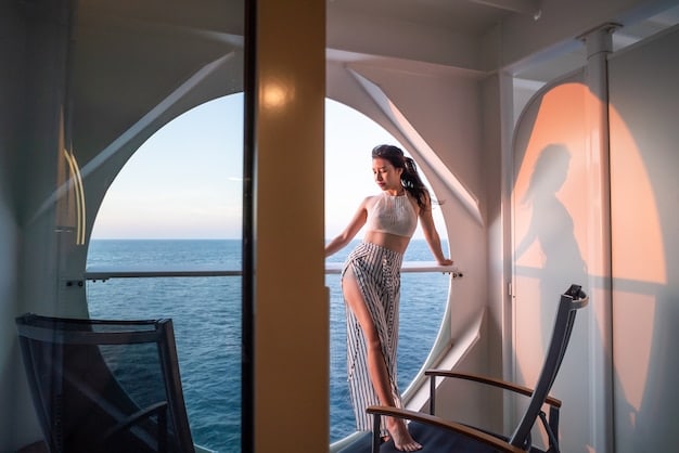 A wide shot of a modern cruise ship spa with large windows overlooking the ocean. The spa is decorated in soothing colors and features plush seating areas, massage tables, and relaxation zones. A few people are visible, enjoying the spa treatments and serene atmosphere.
