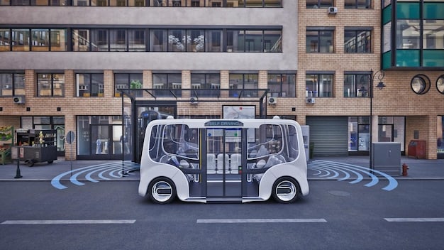 A modern electric bus driving through a city center, with solar panels visible on the roof. Pedestrians and cyclists are seen in the background, promoting the idea of sustainable urban mobility. The city skyline includes green buildings and renewable energy infrastructure.