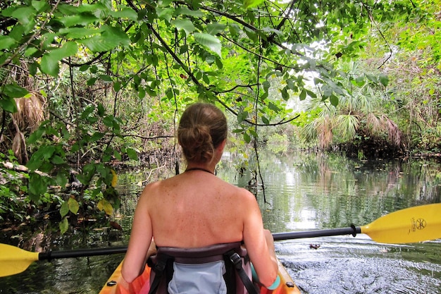 A traveler kayaking through the clear waters of the Florida Keys, surrounded by mangrove forests and vibrant marine life. The image conveys a sense of adventure, exploration, and connection with nature.