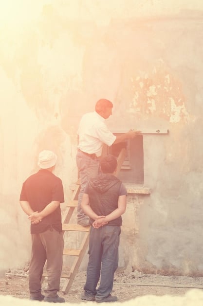 A group of volunteers working together to restore a historical building in Charleston, South Carolina. The scene captures the essence of community engagement, cultural preservation, and hands-on learning.