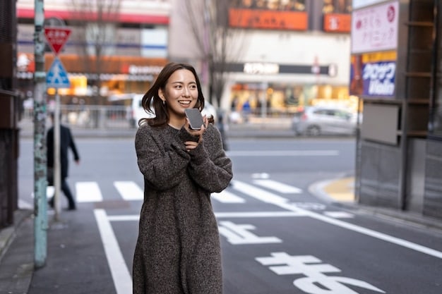 A traveler using a smartphone app to translate a street sign in Tokyo, Japan. The bright neon lights of the city surround them, highlighting the use of technology to navigate and understand foreign languages and environments.
