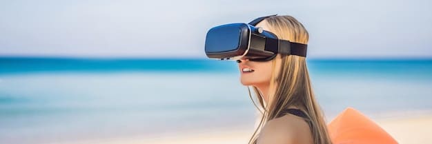 A traveler using a VR headset to virtually explore a tropical beach destination, showcasing the immersive capabilities of virtual reality in travel planning.