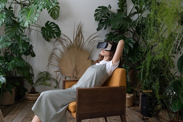 A person wearing a virtual reality headset while meditating in a tranquil room. The room has soft lighting, plants, and comfortable seating, creating a calming and tech-integrated wellness setting.