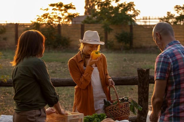 A group of tourists volunteering at a local organic farm in Vermont, helping to harvest crops while learning about sustainable agriculture practices from the local farmers.