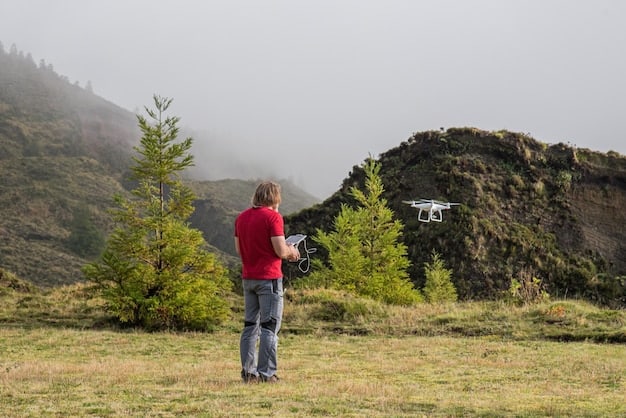 A travel journalist operating a drone in a remote, scenic location, such as a national park or a mountain range. The drone is capturing aerial footage of the landscape.