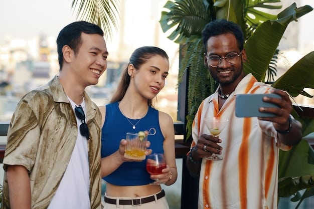 A close-up shot of a diverse group of travel influencers at a luxury resort, laughing and capturing content for their social media platforms, while interacting with the hotel staff.
