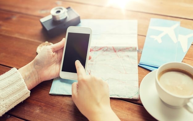Close-up shot of a person using a smartphone to book a personalized travel itinerary through a travel app. The interface should be user-friendly and visually appealing, highlighting customizable options such as activities, accommodations, and dining choices.
