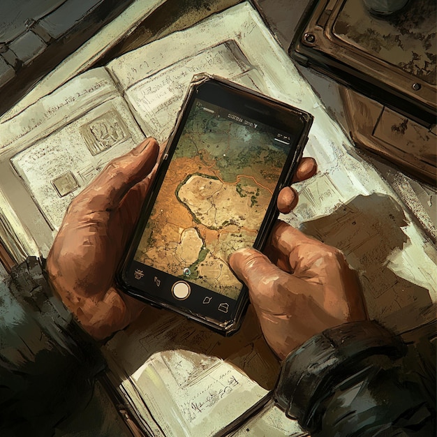 A traveler using an AR app on their smartphone to view historical information overlaid on an ancient ruin. The app displays a 3D reconstruction of the ruin in its original state, with labels identifying key architectural features.