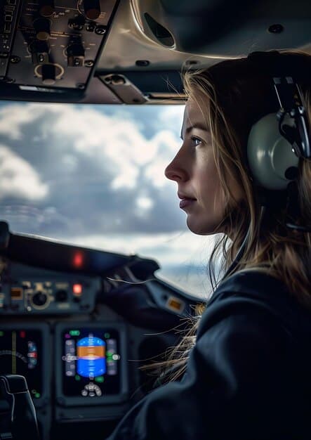 A close-up of a pilot in the cockpit during a training simulation, focused on enhancing skills and emergency response, highlighting the FAA's emphasis on pilot training.