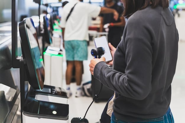 A busy car rental counter at an airport. Several customers are waiting in line, while agents assist others. The scene is brightly lit, with digital displays showing rental options and prices.