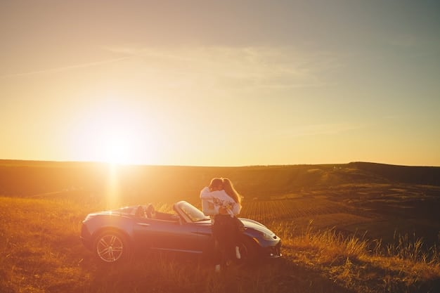 A family happily driving a convertible on a winding coastal road during sunset. The ocean is visible in the background, and the sky is filled with warm colors.
