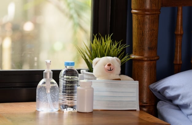 A close-up of a hotel room showcasing eco-friendly amenities such as refillable water bottles, organic toiletries, and energy-efficient lighting. The image highlights the attention to sustainability in the hospitality sector.