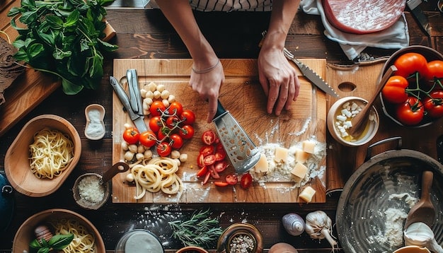 A close-up shot of a traveler learning to cook traditional pasta from an Italian chef in a rustic kitchen, with fresh ingredients and cooking utensils surrounding them.