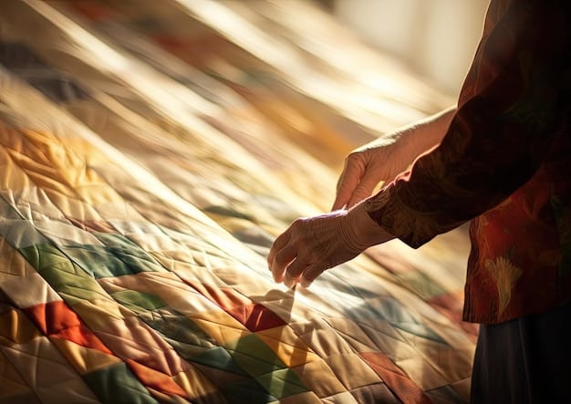 A close-up shot of a weaver working on a traditional loom, creating a colorful textile. The scene is set in a sunlit workshop, highlighting the skill and dedication of the artisan.