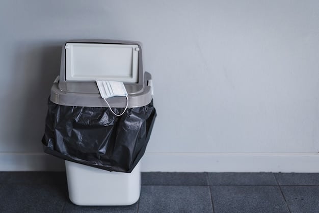 A trash bin in a hotel room, overflowing with single-use plastic bottles and wrappers, despite the hotel claiming to be eco-friendly. The image contrasts the eco-friendly claims with the visible reality.