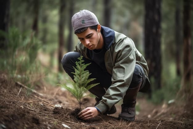 A volunteer planting a tree sapling in a national park, wearing a National Park Service uniform.