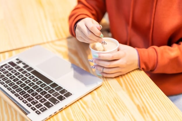 An eye-level shot of a blogger's hands typing on a laptop with a cup of tea beside it. The laptop screen shows a draft of a blog post with clear disclosure labels and ethical guidelines.