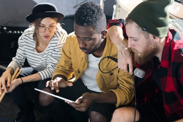 A diverse team of travel content creators collaborating with AI tools, showcasing a harmonious integration of human creativity and artificial intelligence in the content creation process; highlight the collaborative aspect and the diverse skill sets involved.