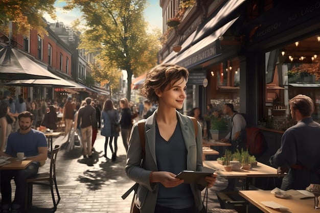 A photo of a thriving Main Street in a small US town, bustling with tourists visiting local shops and restaurants. The scene depicts a vibrant and economically active community受益