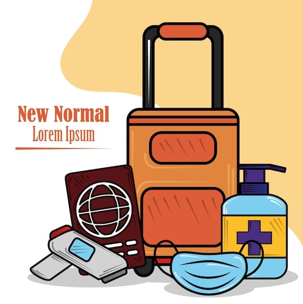 An infographic showcasing a carry-on suitcase with icons representing various permitted and prohibited items. The icons are color-coded for easy understanding, and the suitcase is transparent to show organized packing.